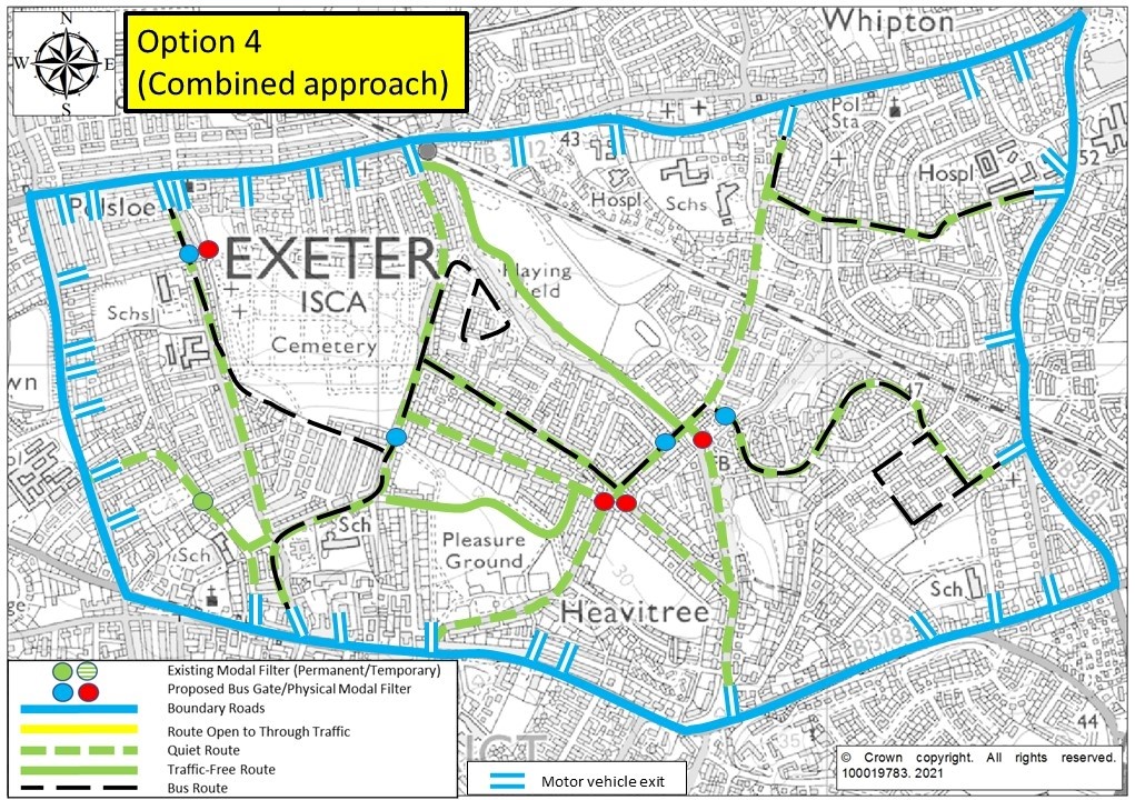 4. Map of Option 4, showing modal filters on Ladysmith Road, St Marks Avenue, Hamlin Lane, Whipton Lane (2 filters), Sweetbrier Lane, Vaughan Road and Thornpark Rise