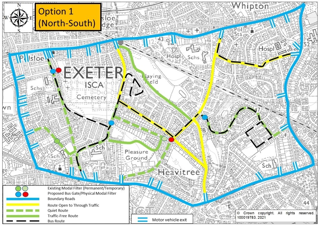 1. Map of Option 1, showing modal filters on Ladysmith Road, St Marks Avenue, Hamlin Lane, Whipton Lane and Thornpark Rise