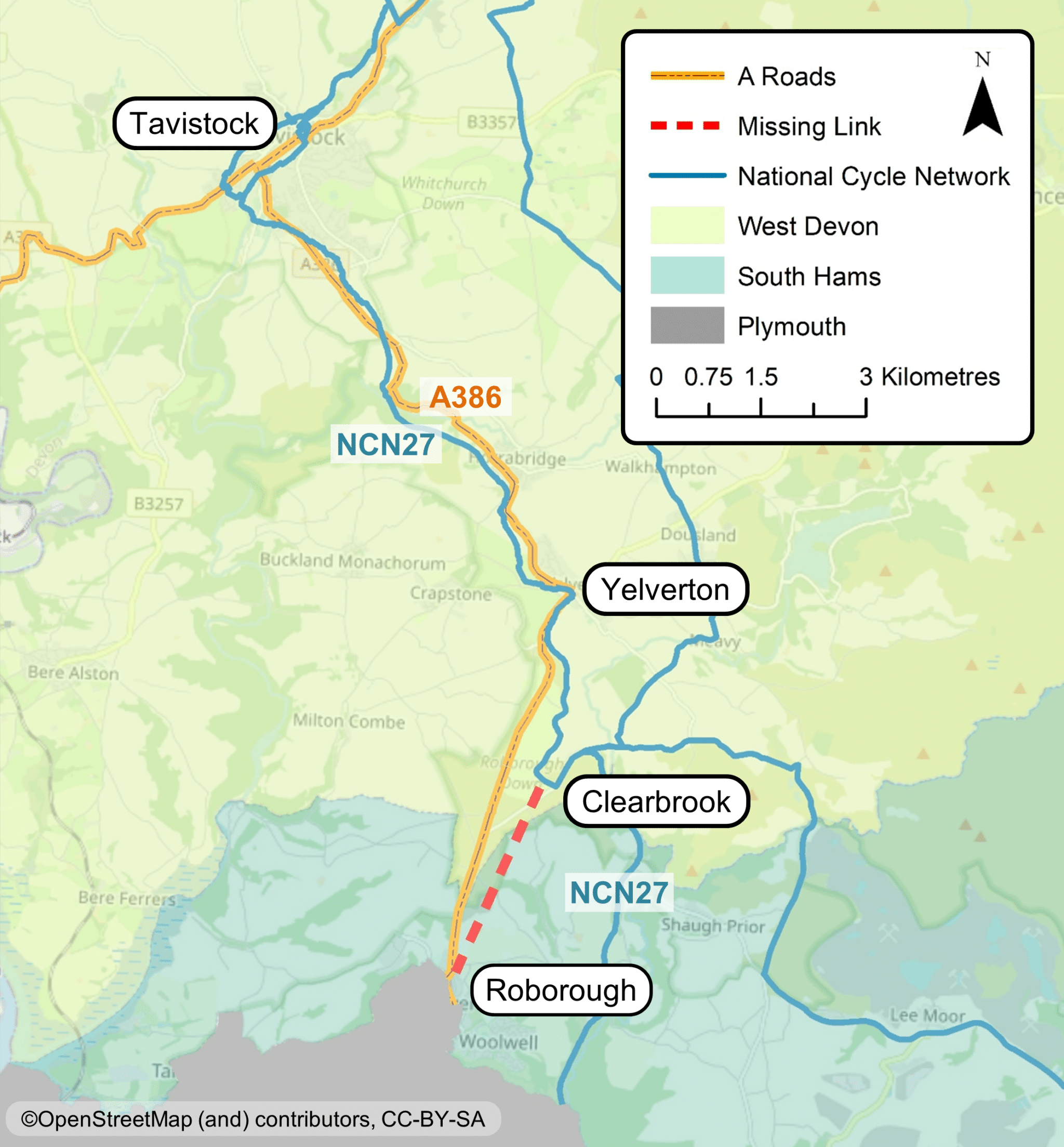 This map shows the route of the A386 and NCN27 between Tavistock, Yelverton, Clearbrook and Roborough. A red dashed line shows the missing link in the multi-use trail network between Clearbrook and Roborough as the NCN diverts to join the eastern side of Plymouth.