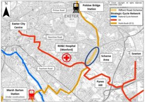 Map showing location of proposed cycle track in relation to wider strategic cycle network and local employment sites and rail stations