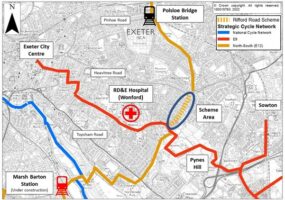 Map showing location of proposed cycle track in relation to wider strategic cycle network and local employment sites and rail stations