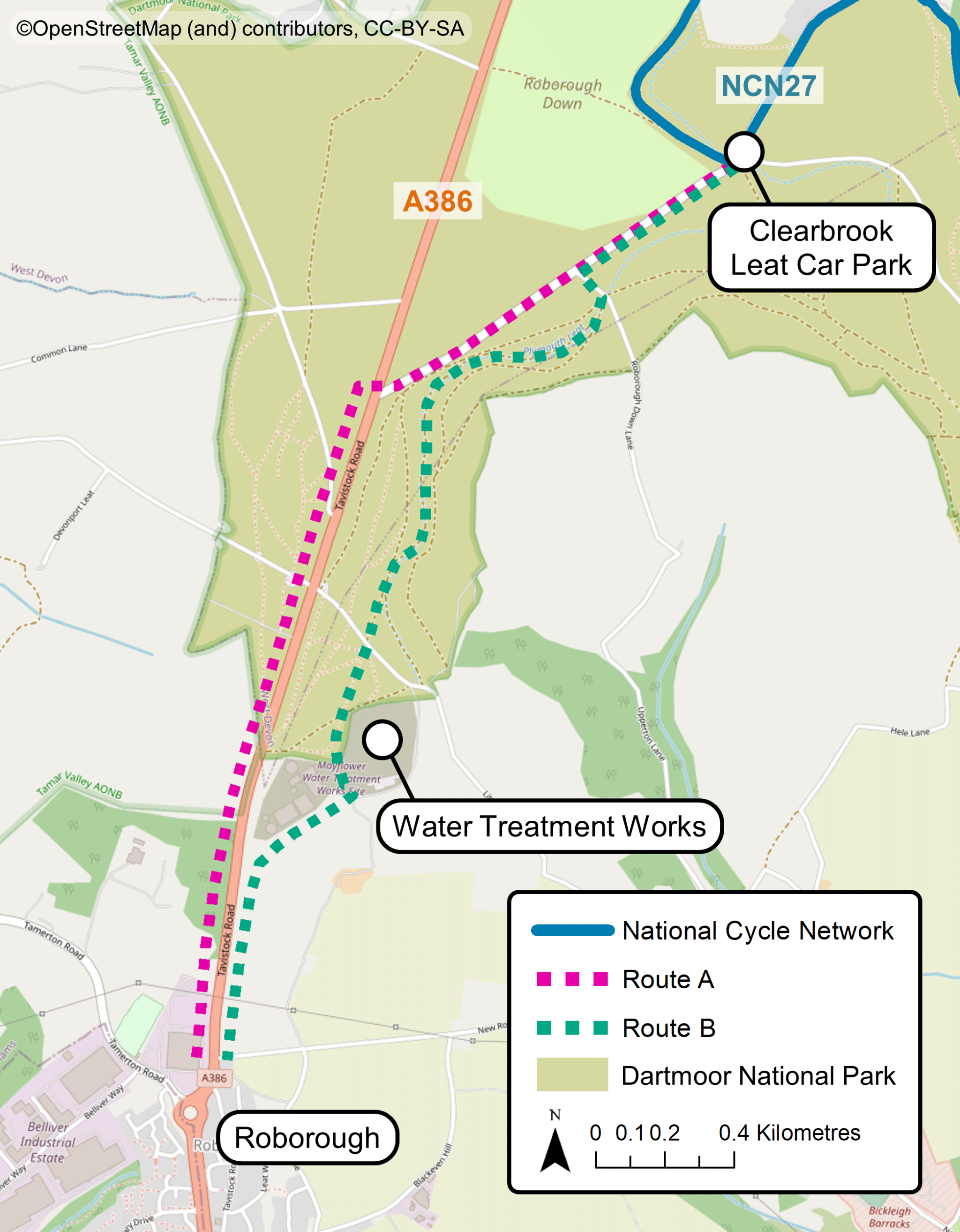 This map shows the indicative paths of routes A and B, linking Clearbrook to Roborough. These route options are described in the text below.