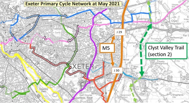 Map showing Exeter Primary Cycle Network at May 2021