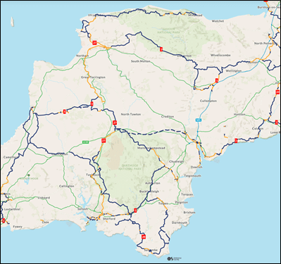 Map showing the National Cycle Network routes across Devon