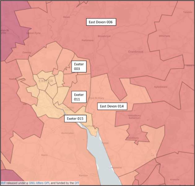 map showing the cycling propensity across Exeter and East Devon