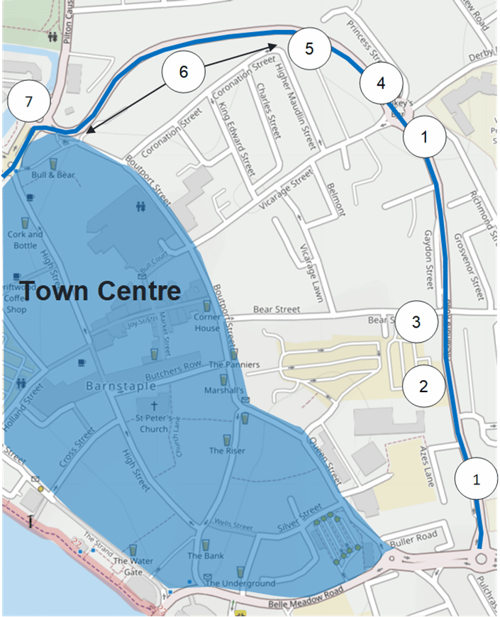 A map showing the Alexandra Road proposed walking route from the roundabout where Barbican Road, Belle Meadow Road and Alexandra Road meet, all along Alexandra Road to the roundabout where Causeway joins at the historic gateway into town centre. The improvements include removal of guard rails, better crossing opportunities and widening of footways.