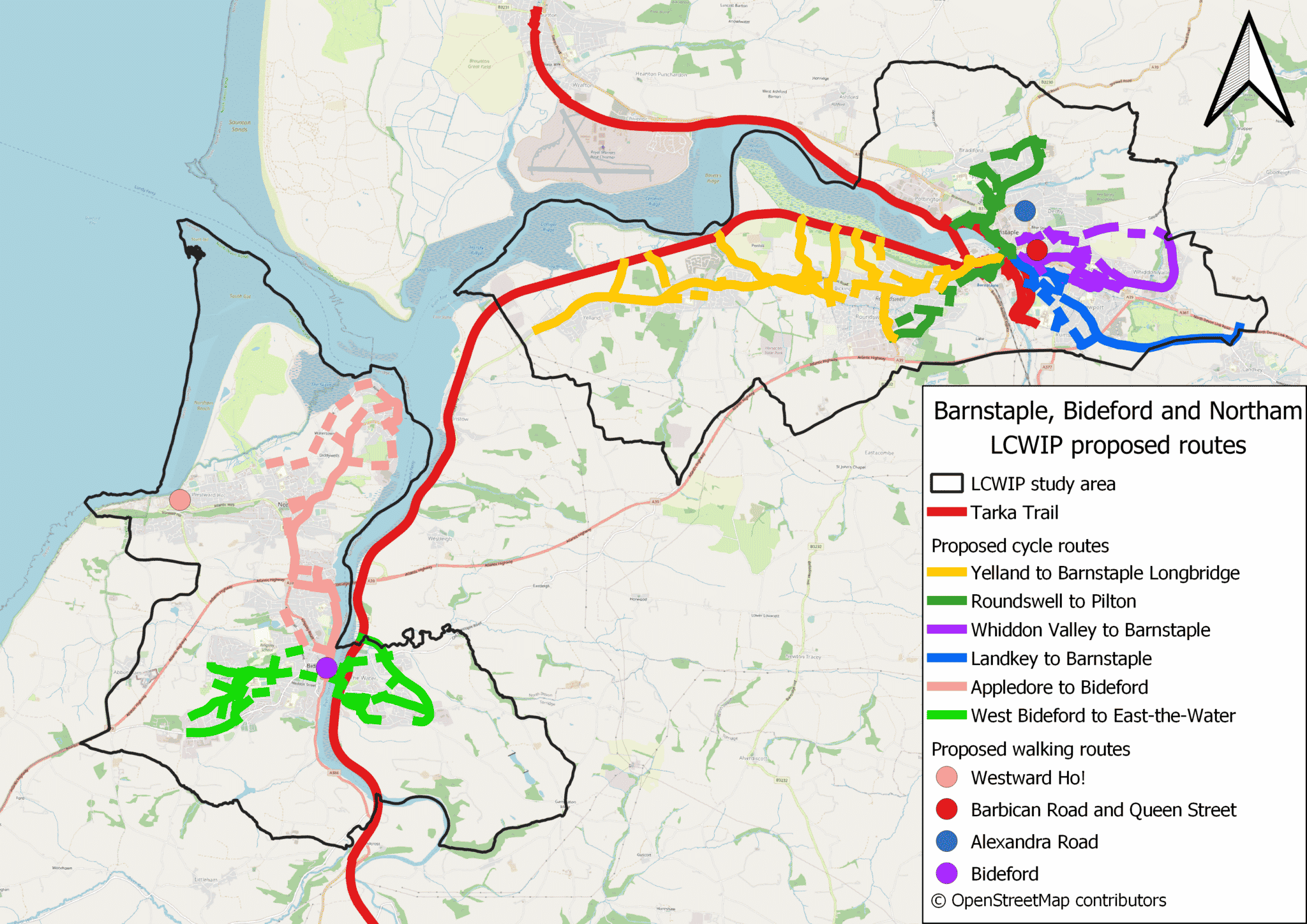 A map that shows the study area that includes Appledore, Northam, Bideford and then Yelland to Landkey between River Taw and A39 and A361. There are 2 walking improvements suggested in Westward Ho! and Bideford, and 2 walking schemes in Alexandra Road and Barbican Road in Barnstaple. There are 2 cycling improvements suggested from Appledore to Bideford and improvements to connect east and west of Bideford. There are also 4 cycling improvements from Yelland, Pilton, Landkey and Whiddon Valley towards Barnstaple town centre.