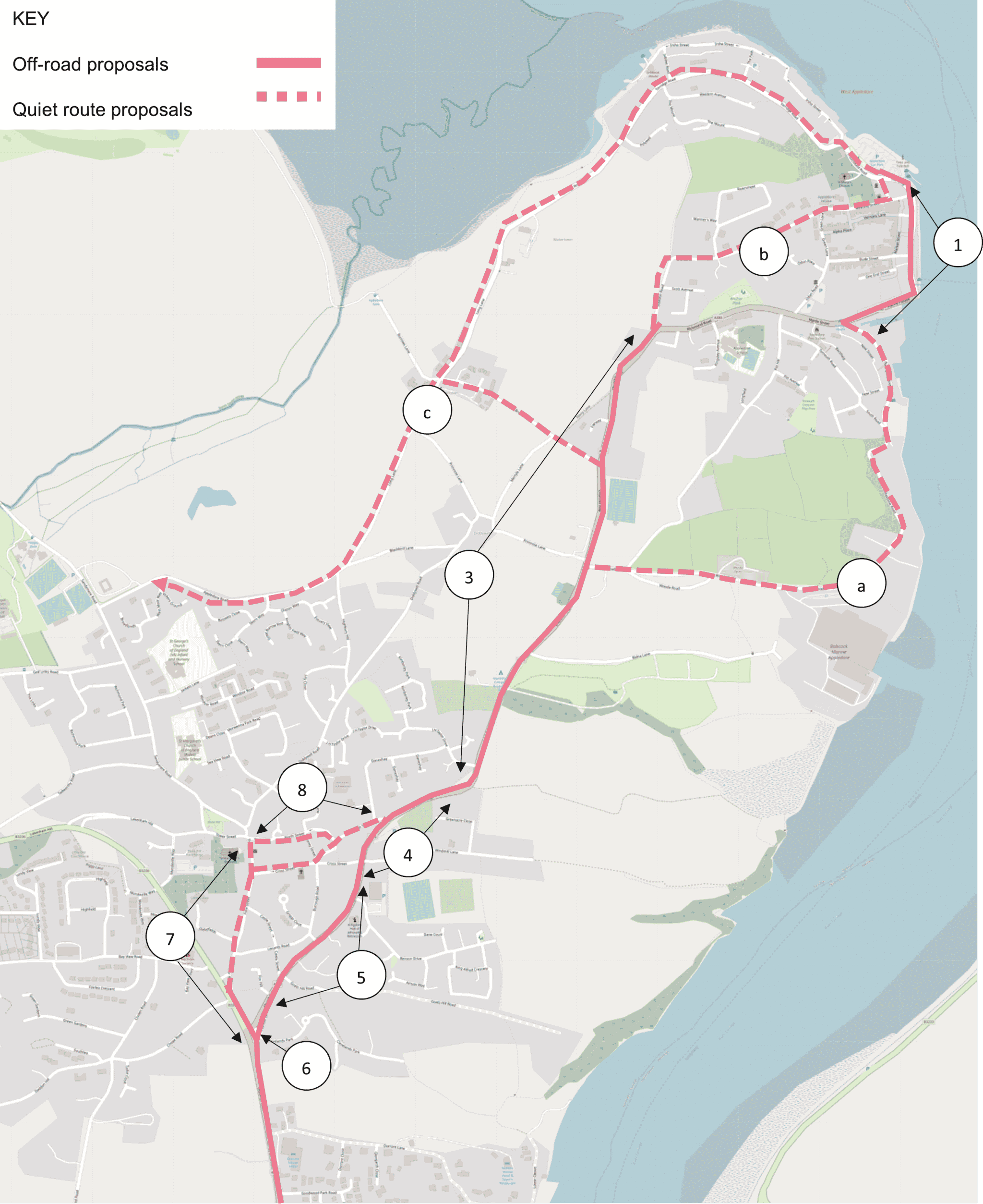 A map showing section A of the Appledore to A386 up to Heywood roundabout. This route suggests 3 alternative routes from the Appledore Quay along Torridge Road, Staddon Road and Hubbastone Road to meet the A386 improving public realm and shared use path experience.