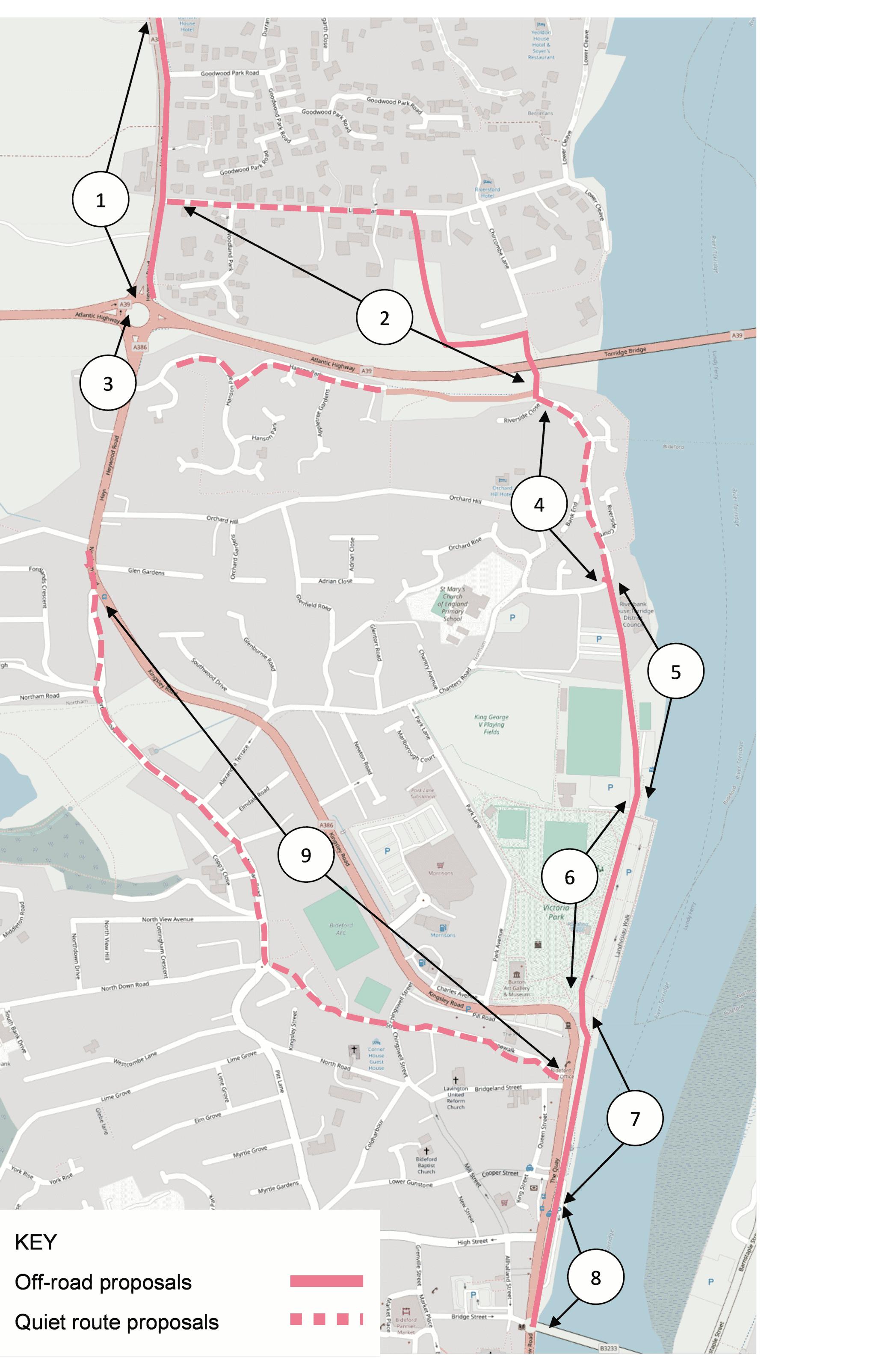 A map showing section B of the Appledore to Bideford route. This route passes from Heywood roundabout along Limers Lane under Torridge Bridge joining Riverside Court all the way parallel to the River Torridge towards Bideford Longbridge.