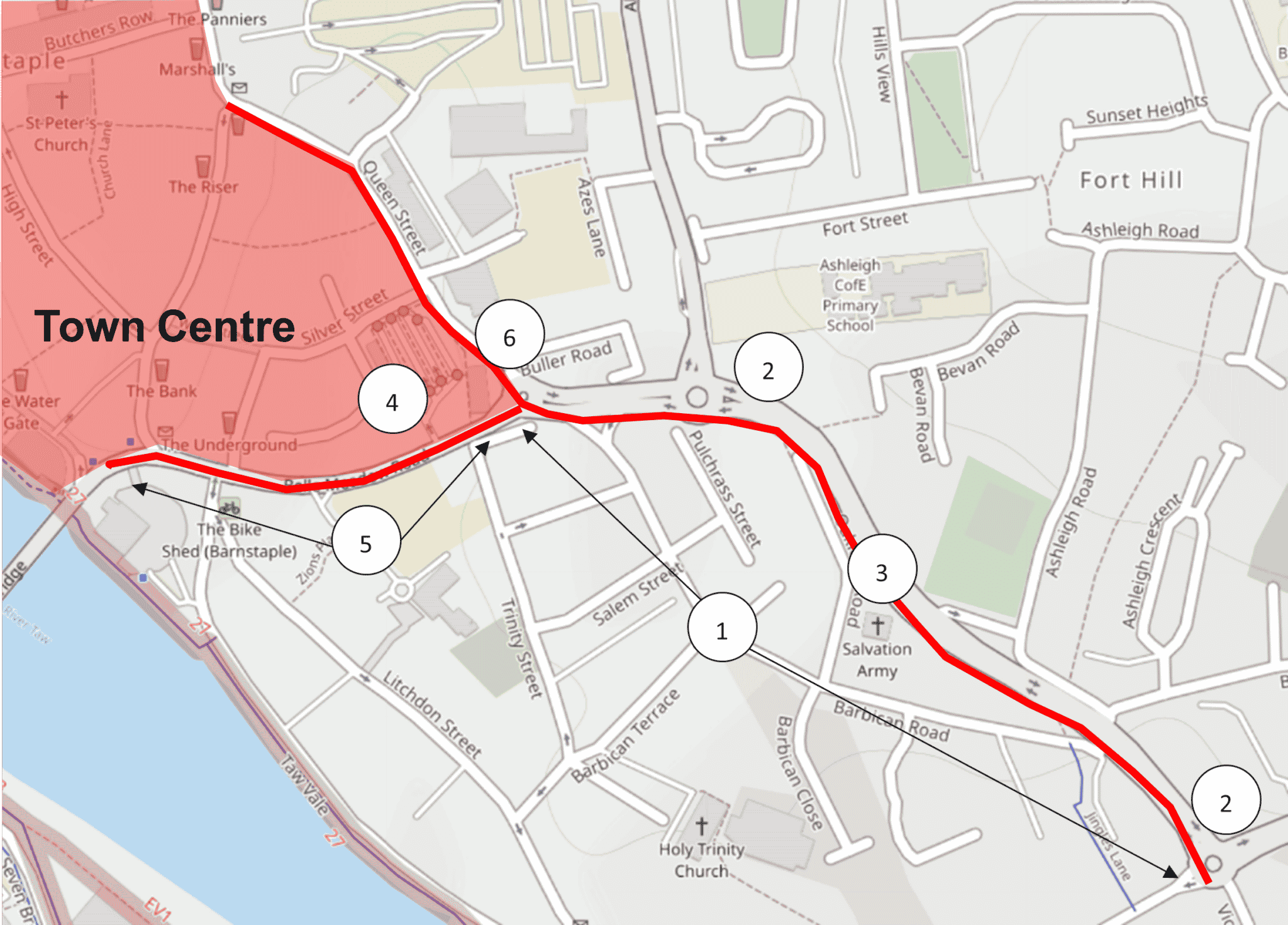 A map showing the Barbican Road and Queen Street proposed walking route from the roundabout where Victoria Road meets Barbican Road, all the way along Barbican Road to Barnstaple Longbridge and Queen Street. The improvements include better crossing opportunities and wider footways. 