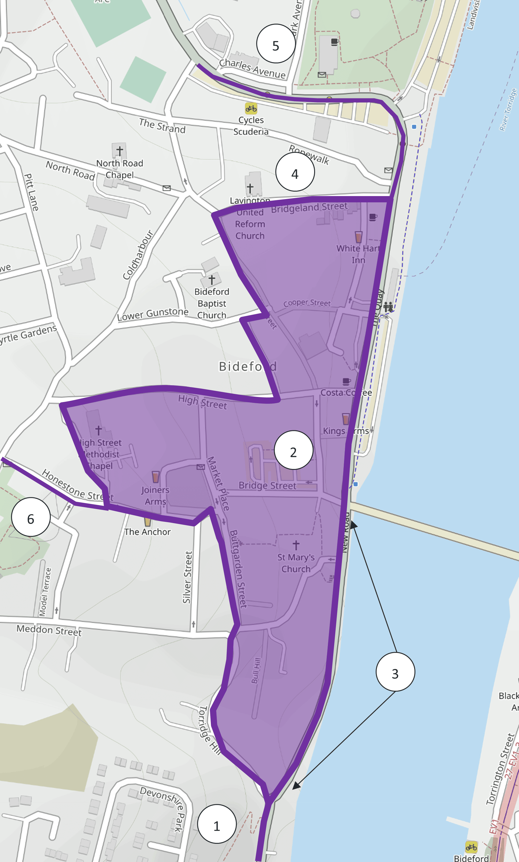 A map showing the Bideford proposed walking route from Kingsley Road at the Football Club through town centre towards Abbotsham Road and Longbridge Wharf, aiming to make wider footpaths and improve existing public realm. The improvements include consideration of a one-way system along Bridgeland Street.