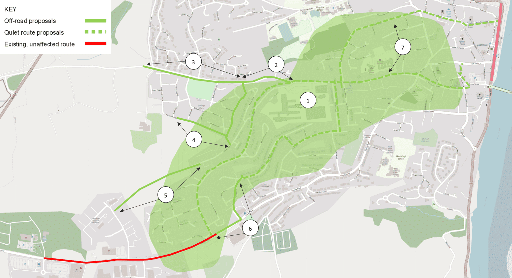 A map showing section A of the Bideford route improving and creating new shared use paths from Clovelly Road to Abbotsham Road either through Moreton Park Road or through Pridham Place, Stucley Road and Royston Road.