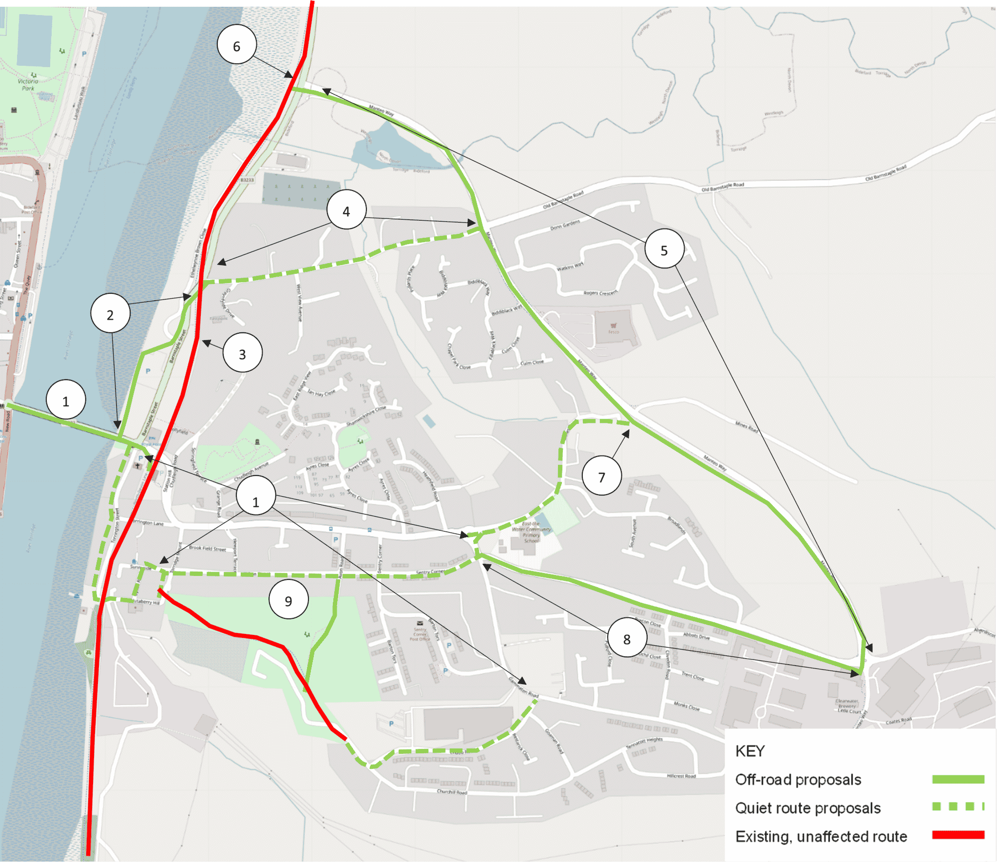 A map showing section B of the Bideford route improving shared use paths in East-the-Water along Old Bideford Road, Manteo Way, Alverdiscott Road, Chubb Road, Mines Road and Sentry Corner, as well as improving access to the Tarka Trail.