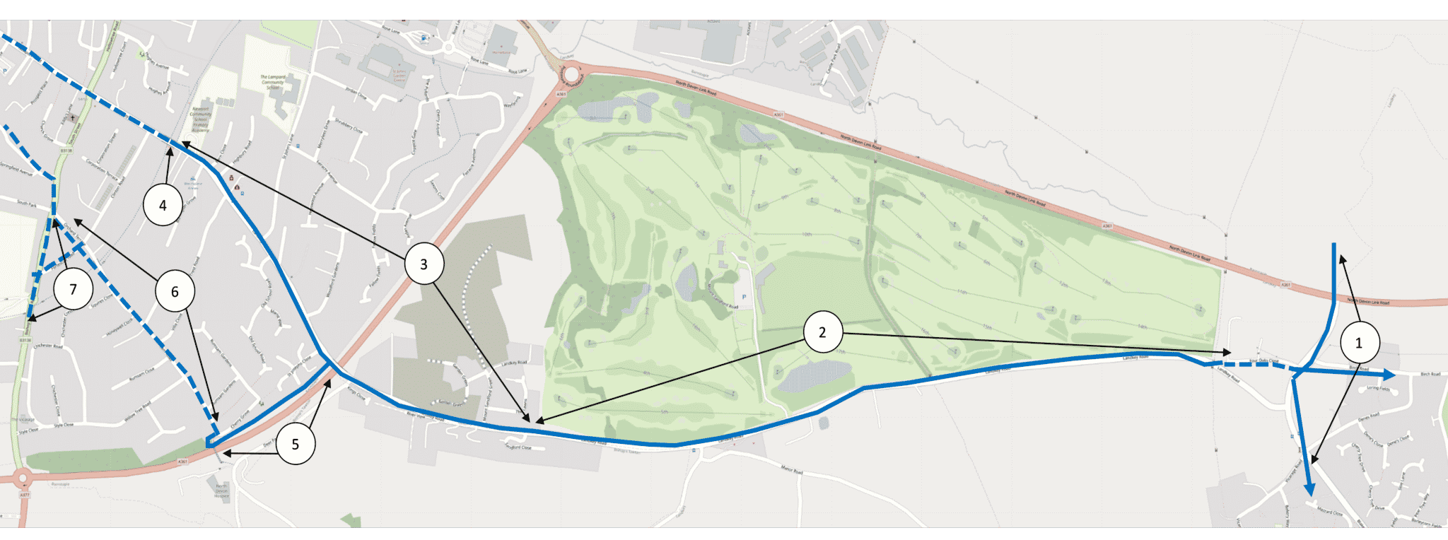 A map showing section A of the Landkey to Barnstaple route. This section starts at the Landkey end of the route at the junction of Blakes Hill Road with Mount Sandford Road, and ends at South Street, with routes along Landkey Road and Rumsam Road.