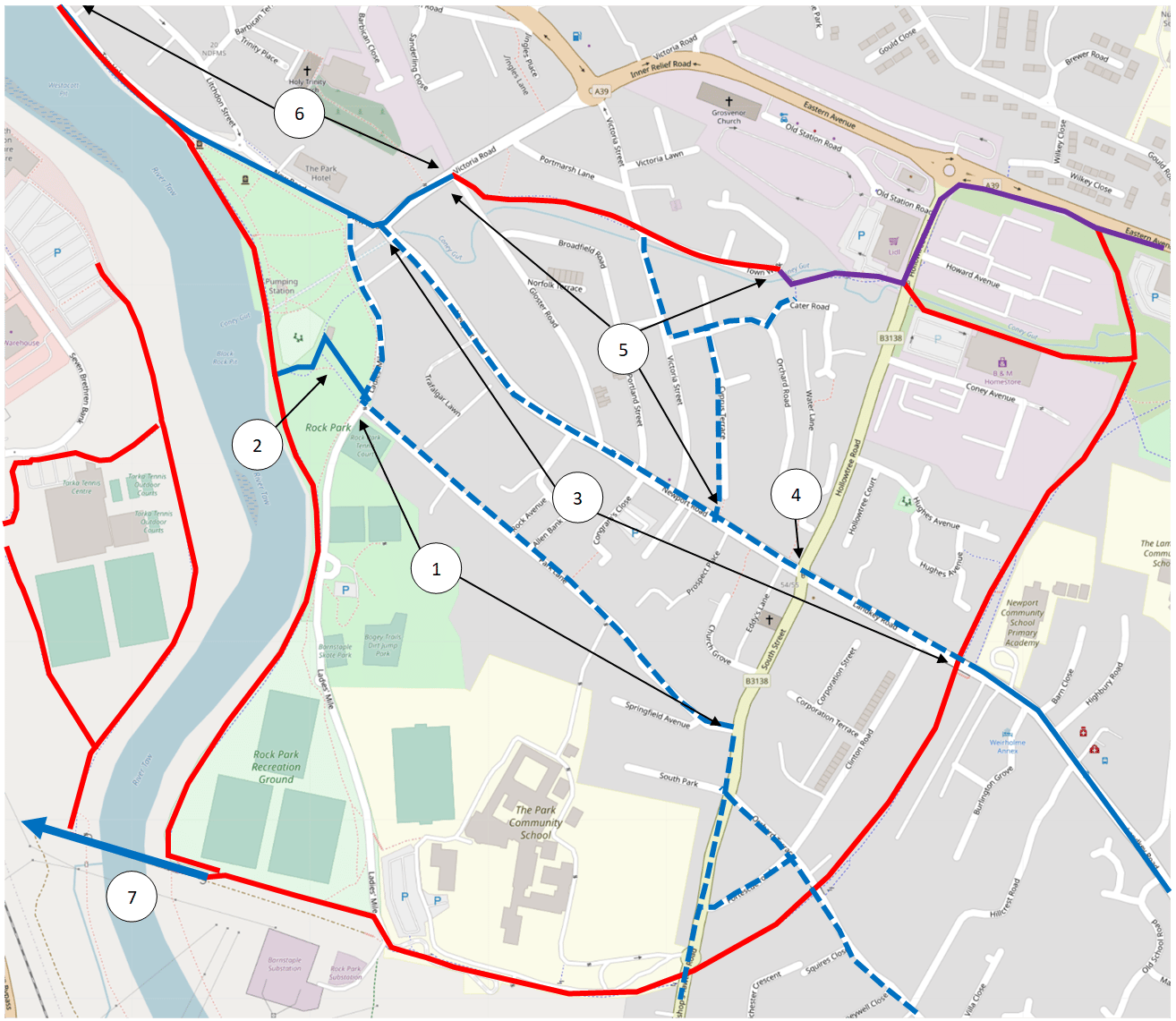 A map showing section B of the Landkey to Barnstaple route. This section starts at South Street in Newport and ends at Taw Vale, with routes along Newport Road and Park Lane.