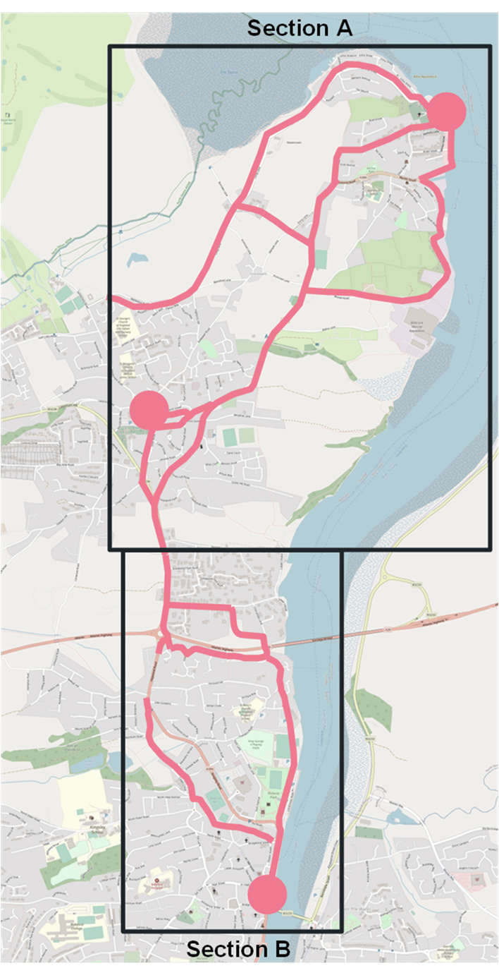 A map showing the Appledore to Bideford proposed cycle route. This route passes from Appledore Quay along the A386 through Heywood roundabout to Bideford Longbridge.