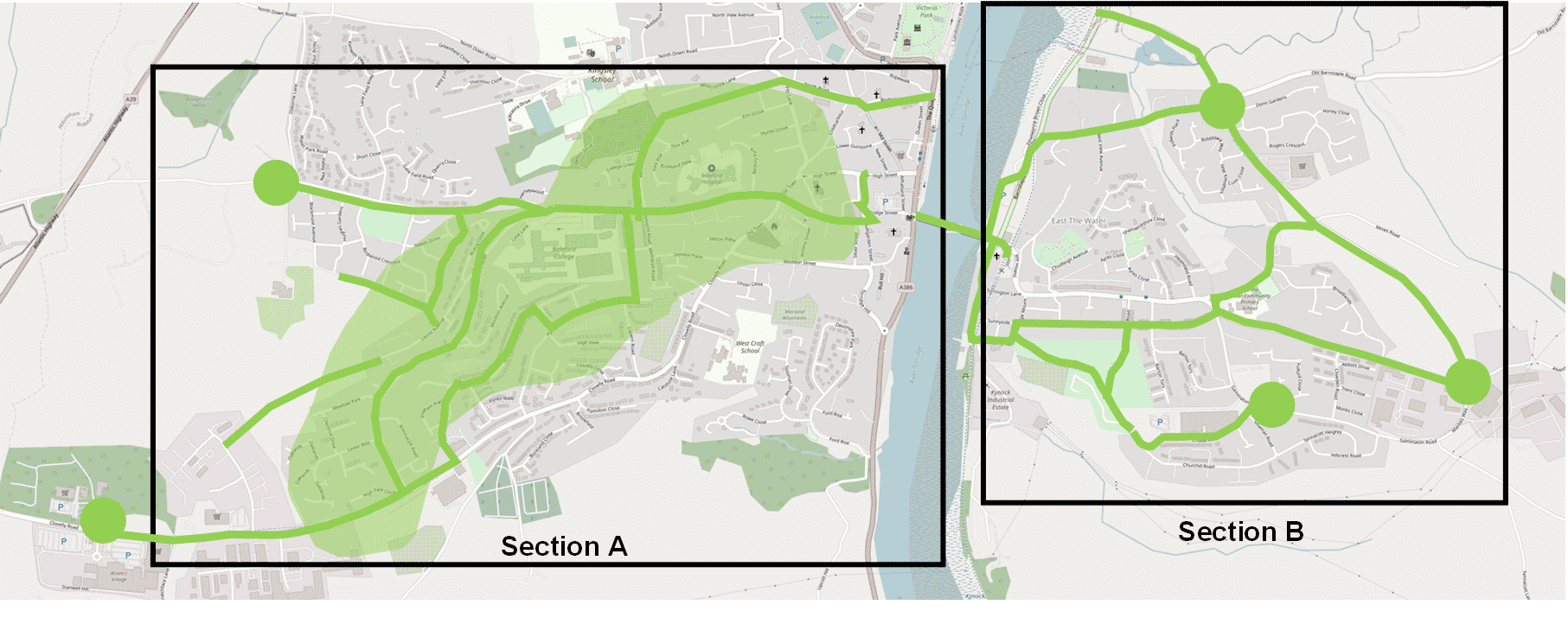 A map showing the proposed cycle routes in Bideford. This route passes from East Bideford to the top of East-the-Water, passing across the Bideford Longbridge.