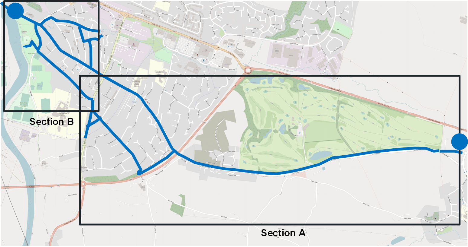 A map showing the Landkey to Barnstaple proposed cycle route. This main route follows Mount Sandford Road, Landkey Road and Newport Road. Another route passes parallel to that along Rumsam Road and Park Lane.