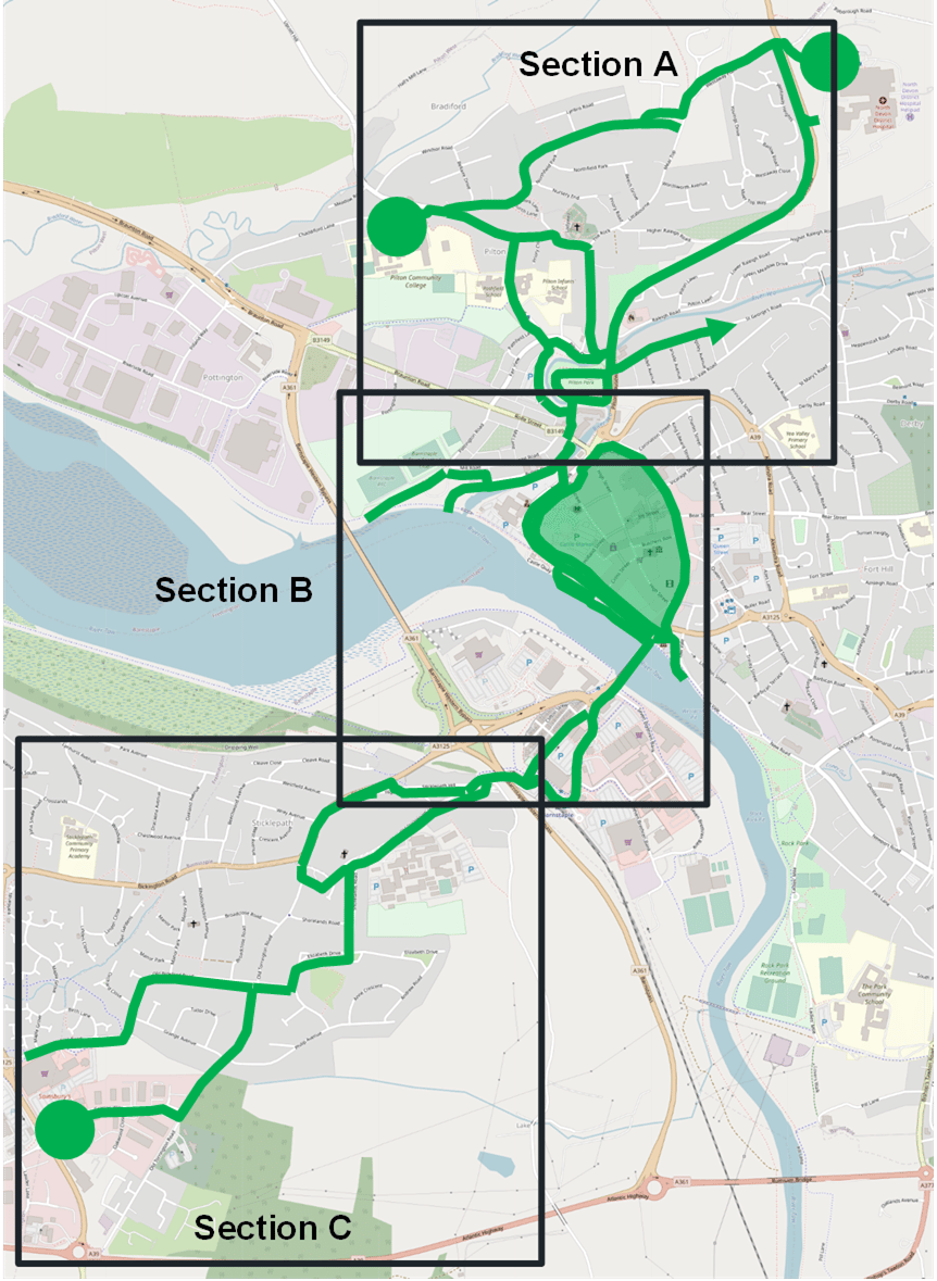 A map showing the Pilton to Roundswell proposed cycle route. The route starts at North Devon District Hospital and links to the Town Centre via Pilton Park. The route then passes over Barnstaple Longbridge along Sticklepath Hill, Old Torrington Road all the way to Roundswell Industrial Estate.