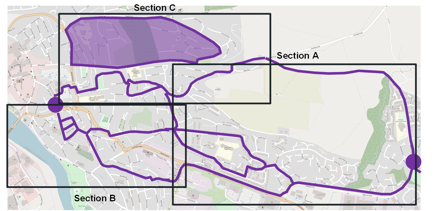 A map showing the Whiddon Valley to Barnstaple cycle route. This route starts at Westacott Road and passes along Eastern Avenue towards the town centre. A route to the north starts at the eastern end of Goodleigh Road and passes through quiet residential roads to Queen Street.