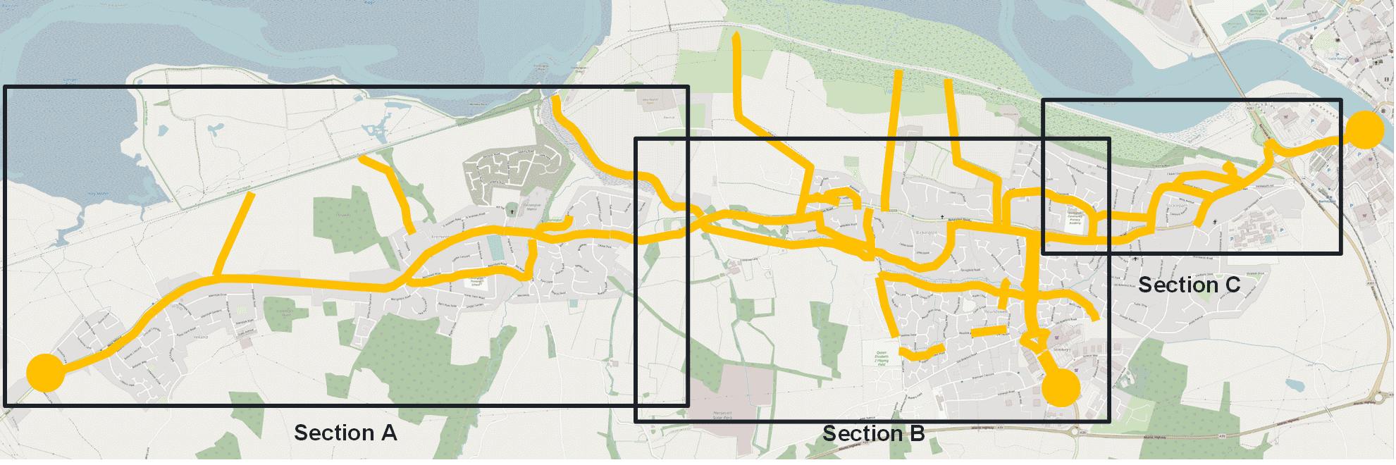 A map showing the Yelland to Barnstaple proposed cycle route. This route passes from Yelland along the B3233 through Fremington, Bickington, Sticklepath all the way to Barnstaple Longbridge.