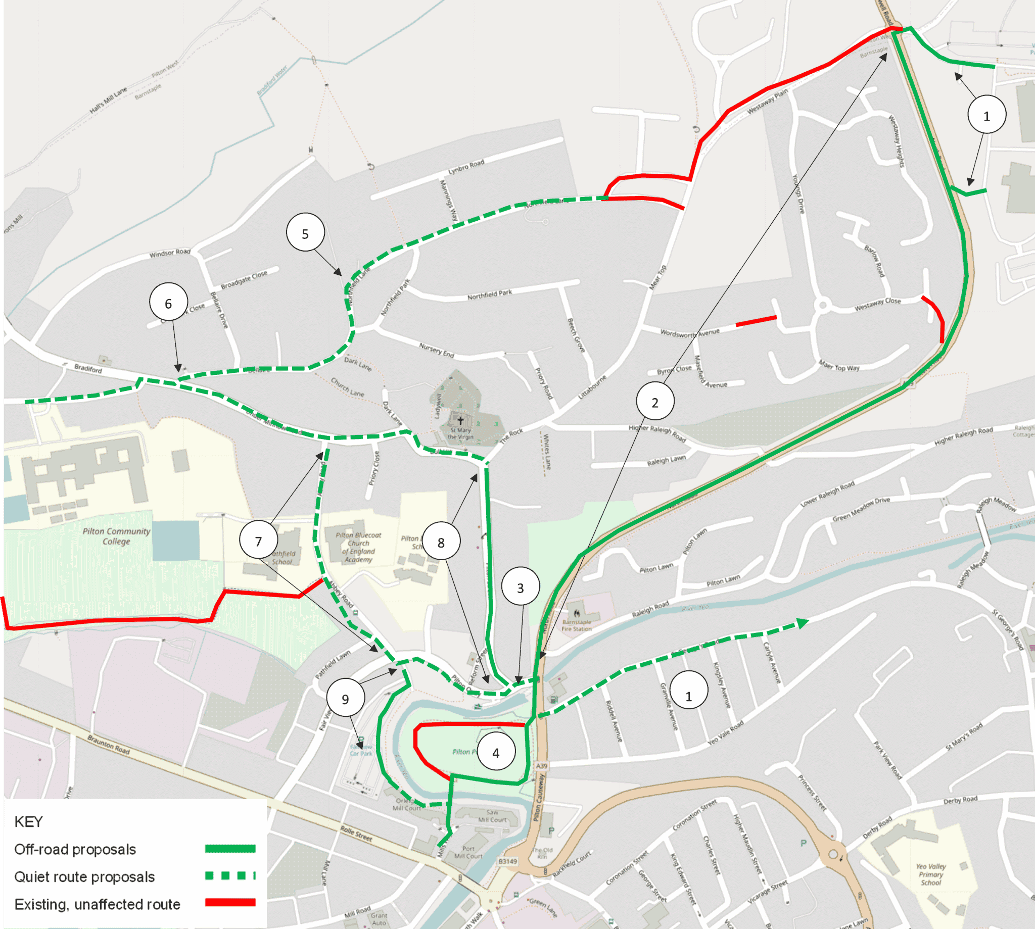 A map showing section A of the Pilton to Roundswell route. This section of the route starts at North Devon District Hospital and passes down North Road before entering Pilton Park. A quiet on-road route passes from the hospital to Pilton Community College, Abbey Road and Pilton Street.