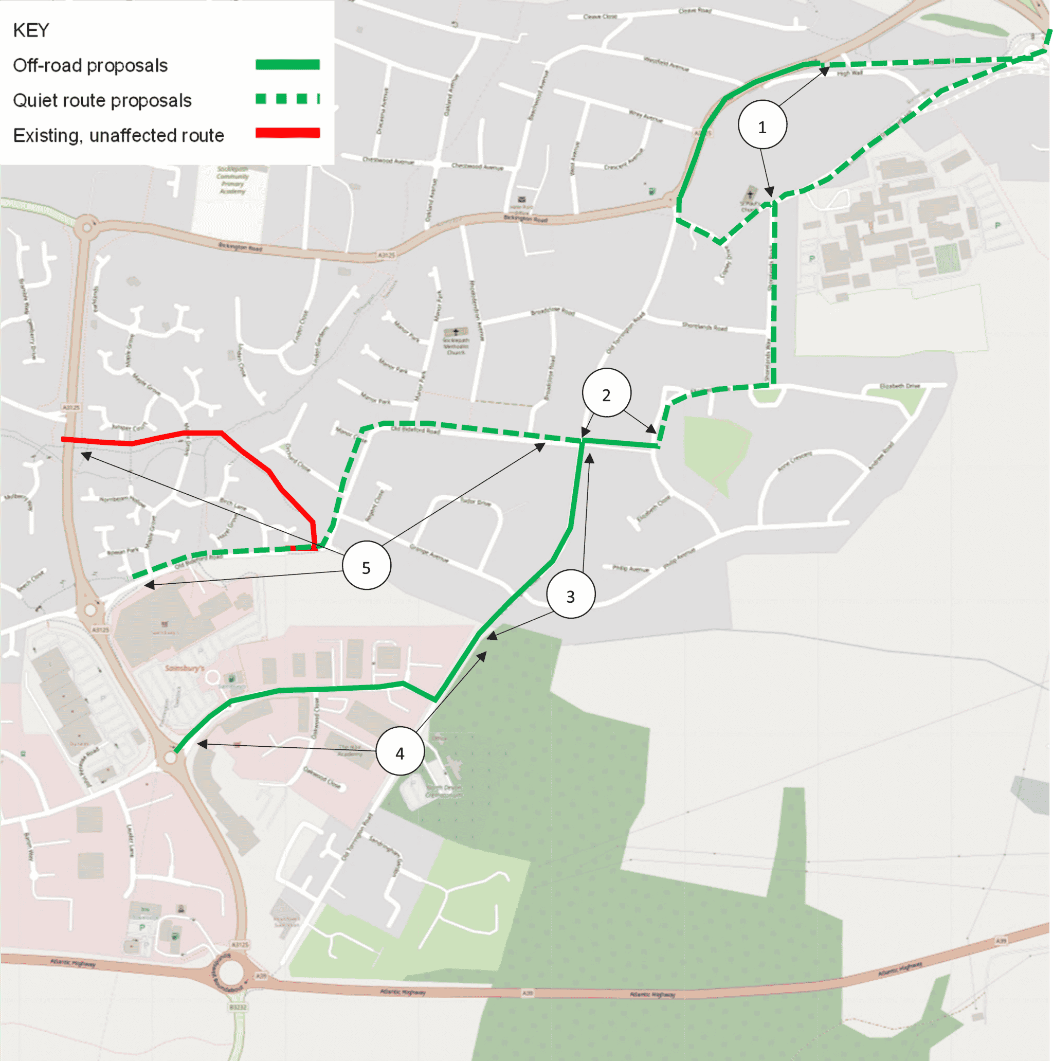 A map showing section C of the Pilton to Roundswell route. This section of the route starts at the bottom of Sticklepath Hill and passes along Shorelands Road, Elizabeth Drive and Old Torrington Road before reaching Roundswell Industrial Estate.