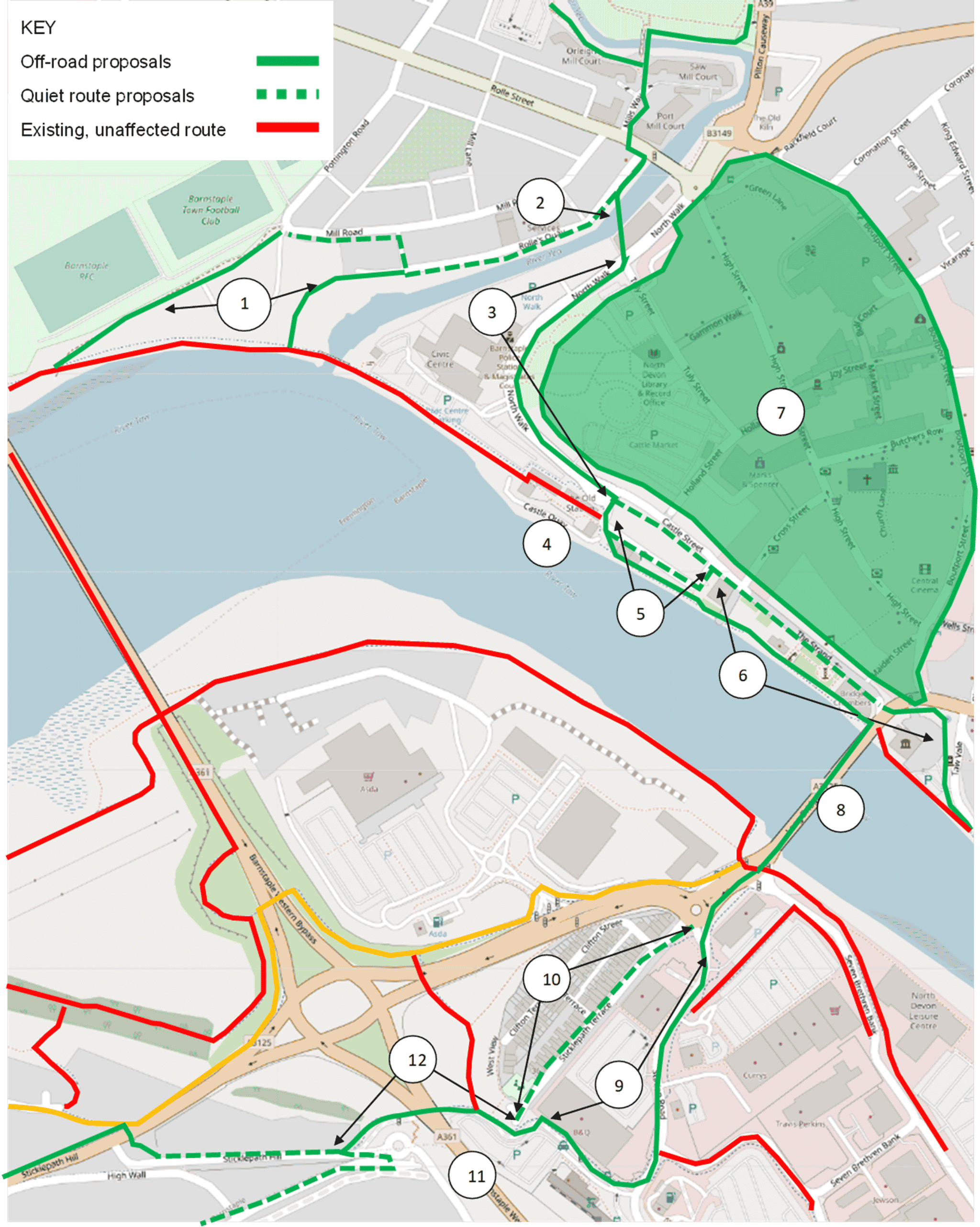 A map showing section B of the Pilton to Roundswell route. This section of the route starts at Pilton Park and passes along North Walk, Barnstaple Longbridge and Sticklepath Terrace before reaching the rail station. The proposals also include new access points to the Tarka Trail and a review of traffic in the Town Centre.