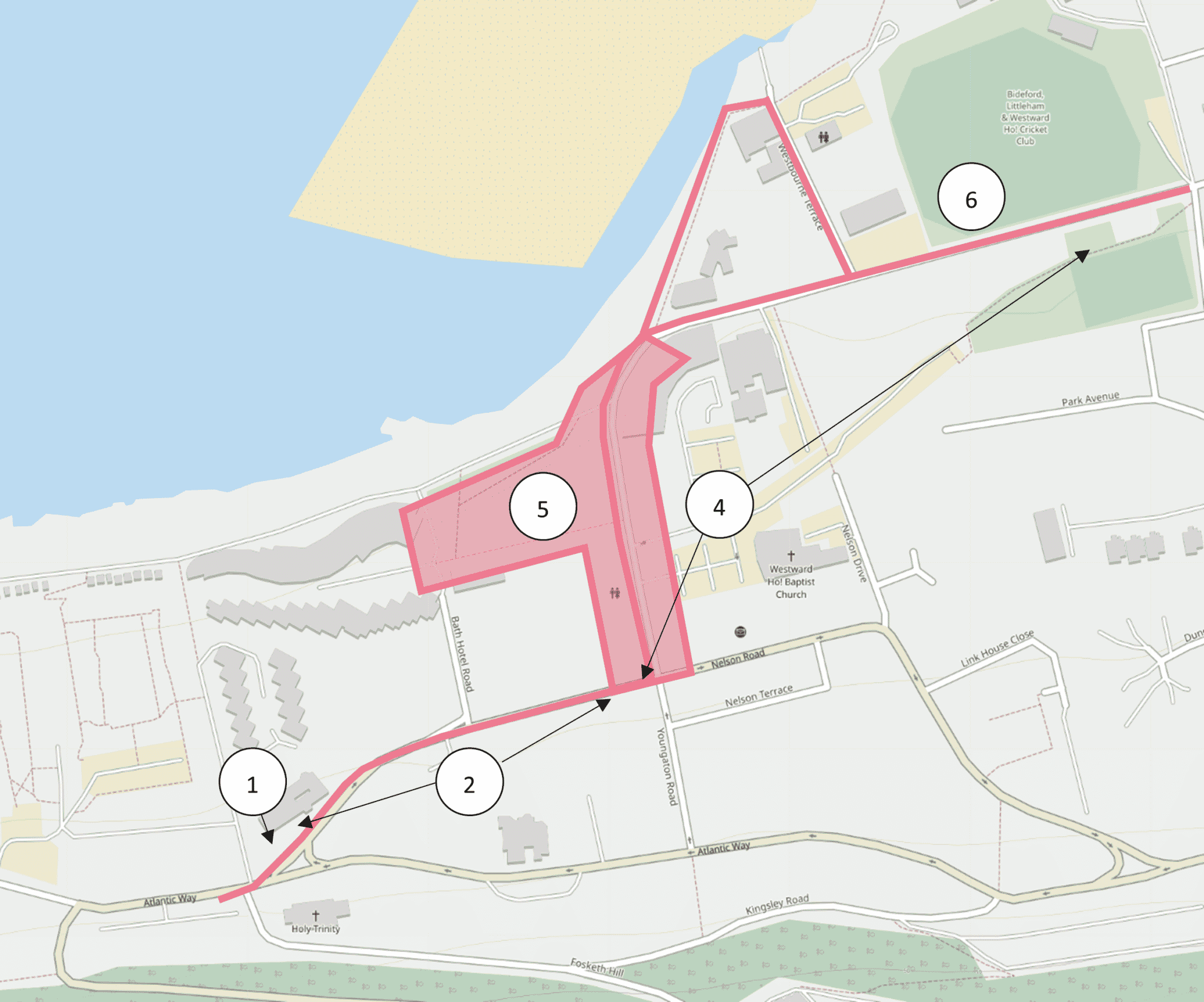 A map showing the Westward Ho! proposed walking route from Nelson Road to Golf Links Road improving crossing points and the public realm to make them more accessible. The improvements include consideration of a one-way system along Avon Lane.