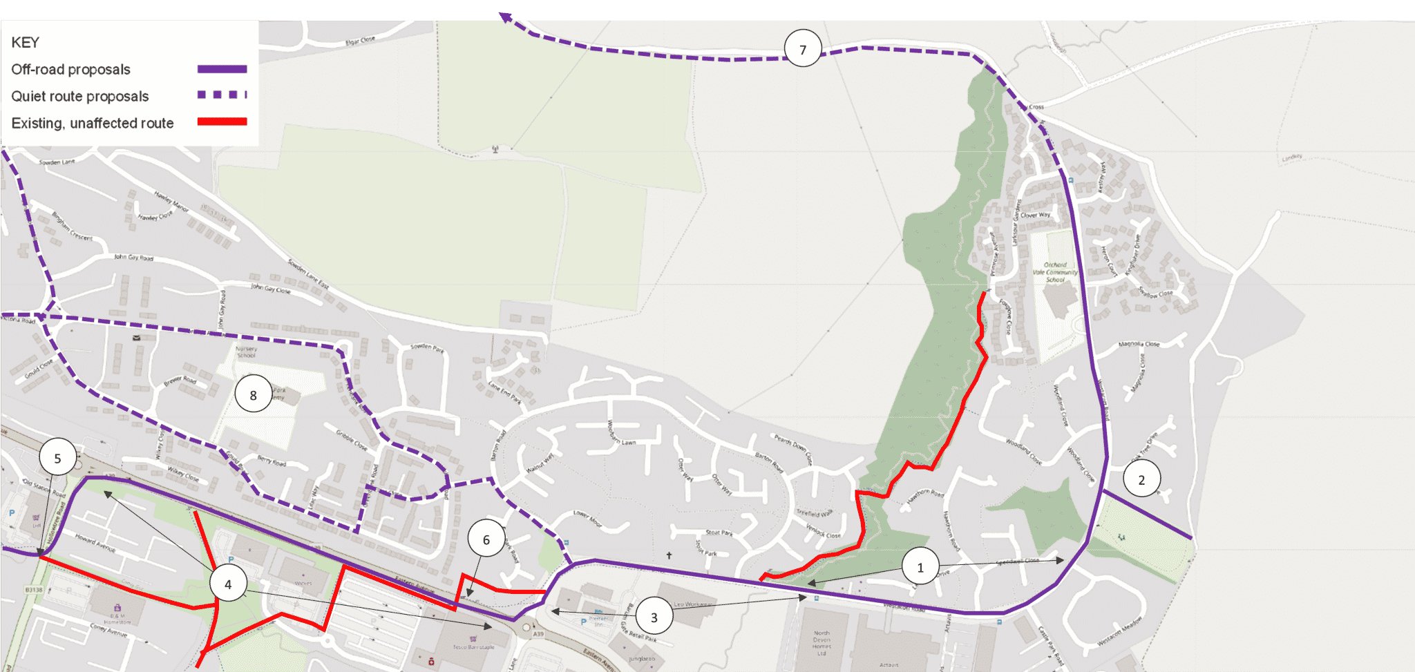 A map showing section A of the Whiddon Valley route. This section starts along Westacott Road and passes along Eastern Avenue, ending at Hollowtree Road. A quiet on-road route also passes through the Forches area.