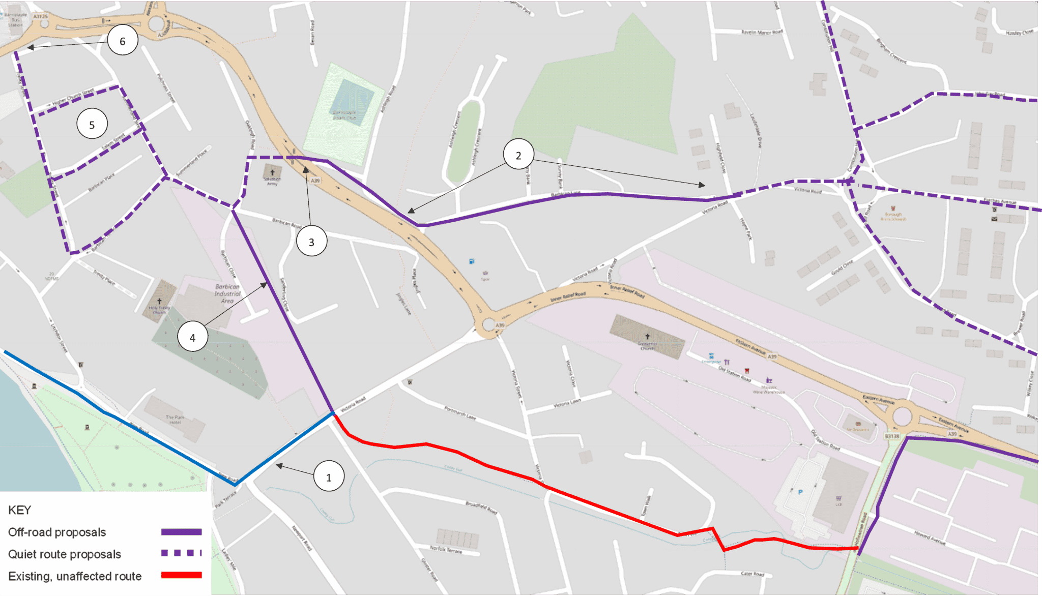 A map showing section B of the Whiddon Valley route. This section of the route starts at Barbican Lane and Hollowtree Road travelling towards Barnstaple Bus Station.