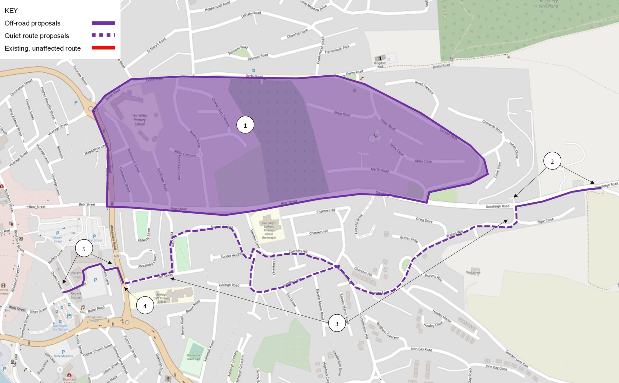 A map showing section C of the Whiddon Valley route. This section of the route starts at the eastern end of Goodleigh Road travelling along Sowden Lane and Sunset Heights, which then ends at Queen Street.