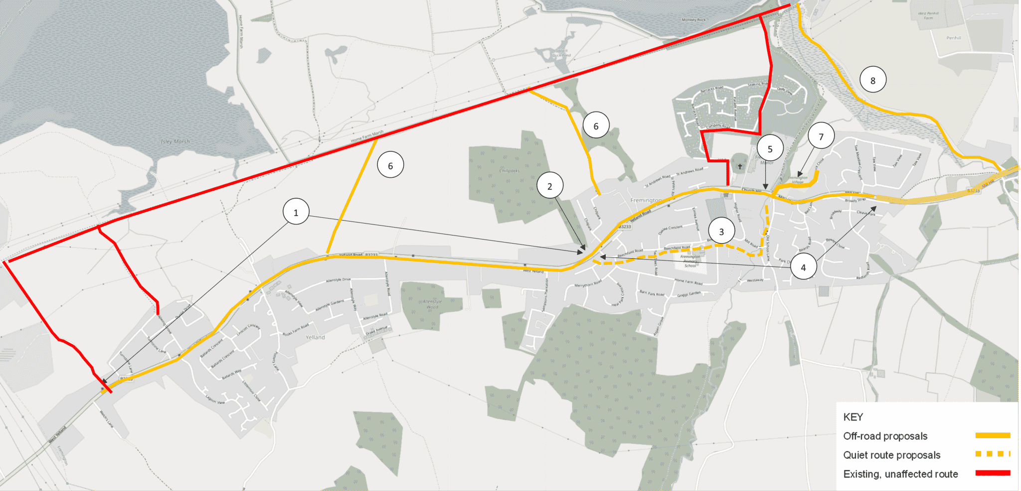 A map showing section A of the Yelland to Barnstaple route. This section of the route starts at the access road to Isley Marsh at the eastern end of Yelland and ends at the access road to Fremington Quay. The routes include a shared use path along the length of the B3233, a quiet route past Fremington Primary School, and access routes to the Tarka Trail.