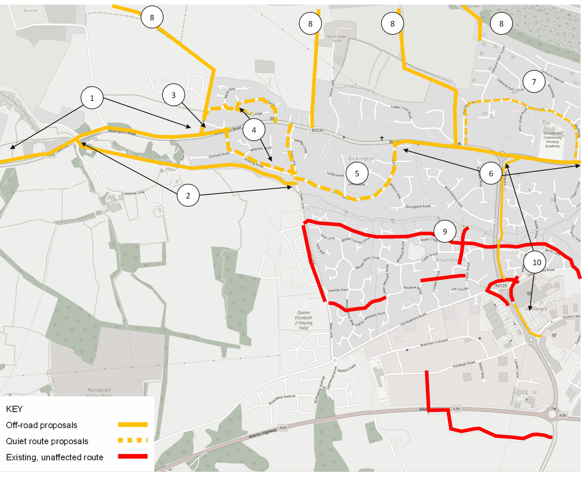 A map showing section B of the Yelland to Barnstaple route. This section of the route starts at the access road to Fremington Quay and ends at Sticklepath Community Primary School, with a route from Bickington Road to Roundswell Industrial estate.