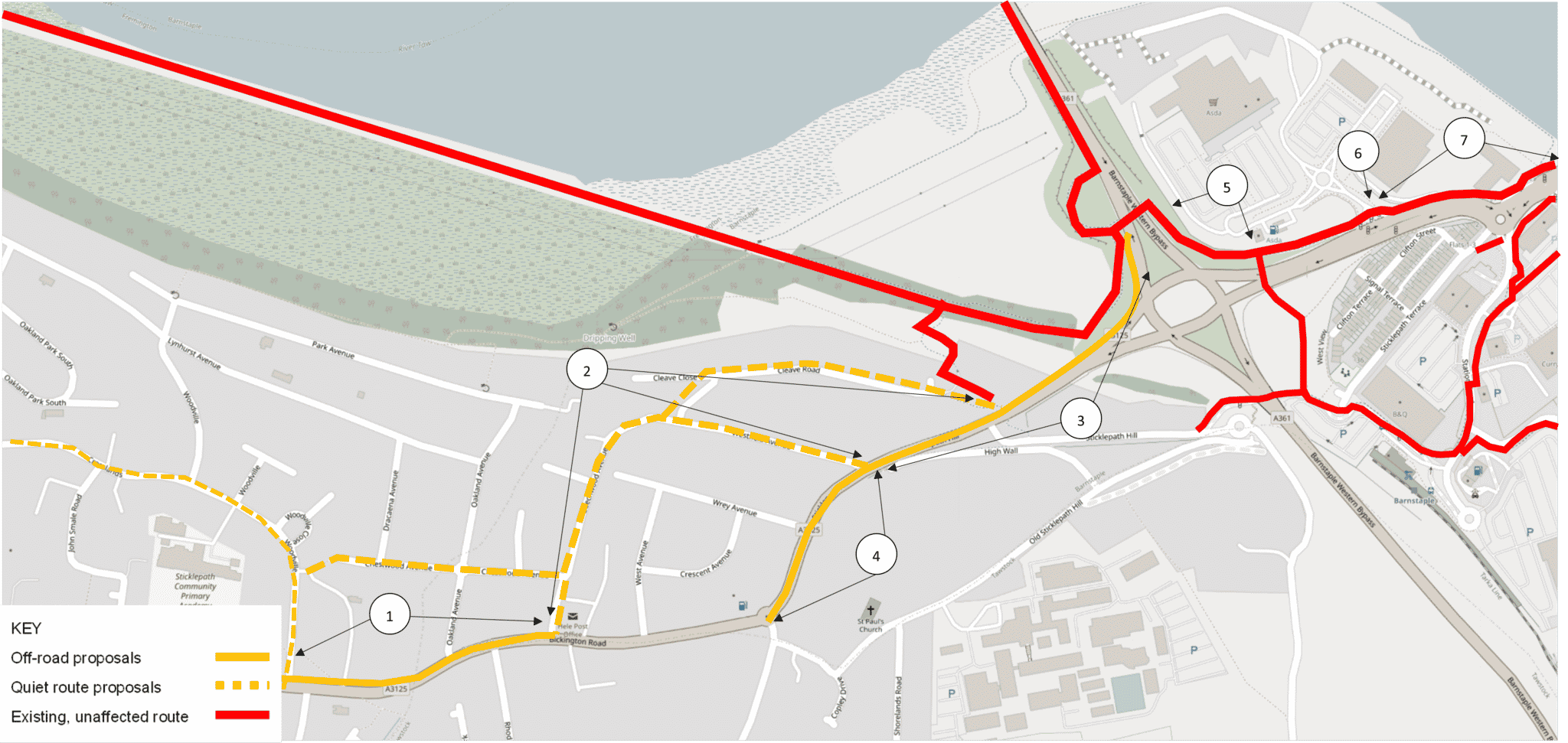 A map showing section C of the Yelland to Barnstaple route. This section of the route starts at Sticklepath Community Primary School and passes along Bickington Road, Westfield Avenue, Sticklepath Hill, and ending at Barnstaple Longbridge.