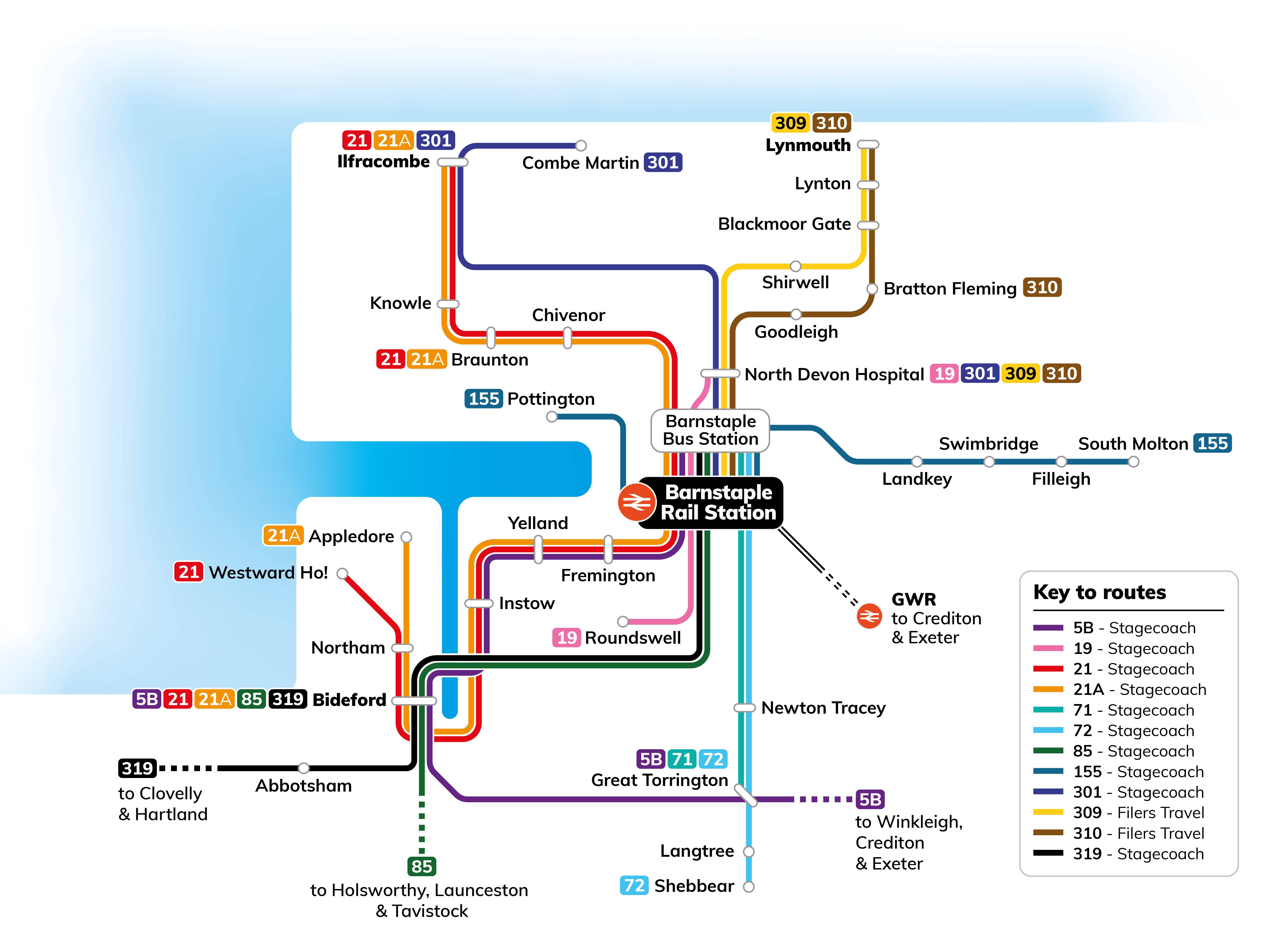 Map of bus and rail services serving Barnstaple Railway Station. For a table detailing the services serving the station, please see https://www.devon.gov.uk/haveyoursay/barnstaple-railway-station-bus-and-rail-services/.