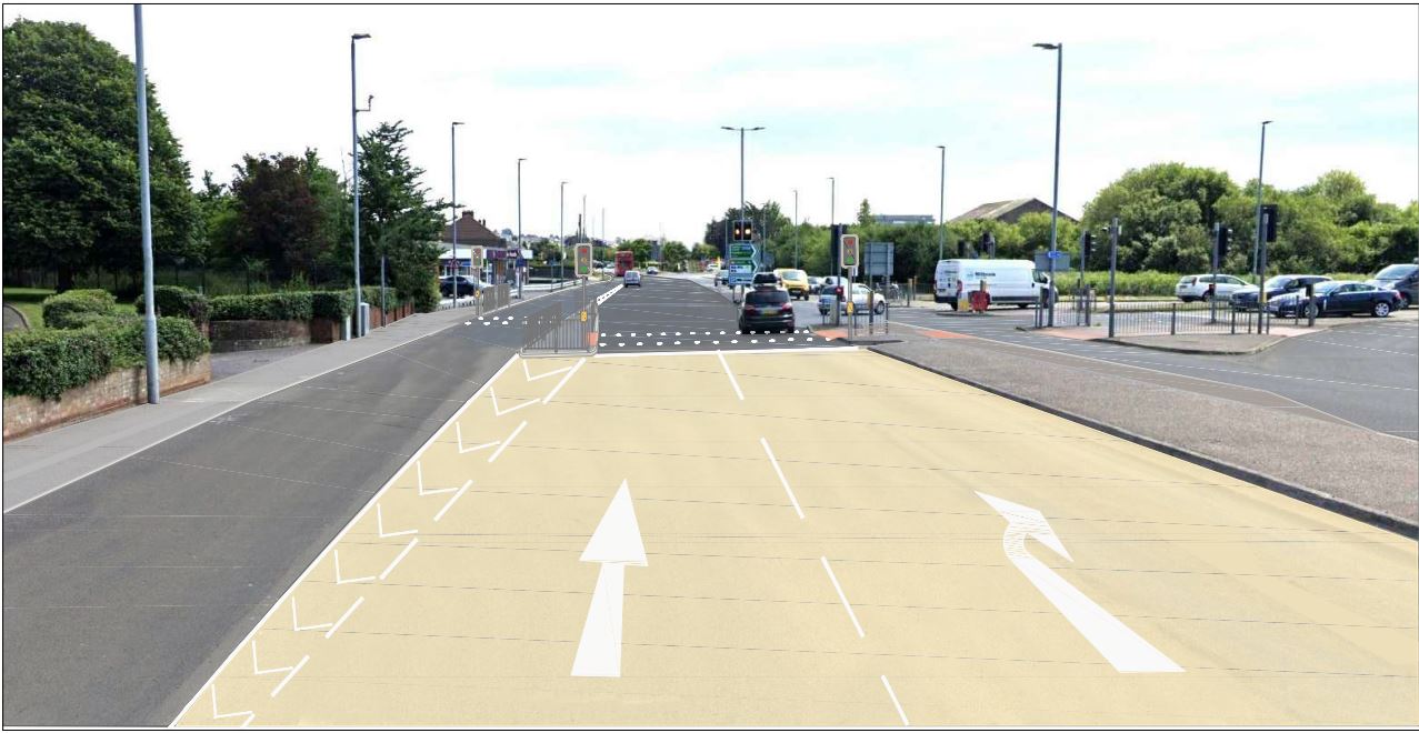 An artist illustration of the Google map view of travelling from Braunton road towards Barnstaple, bus lane on the left, straight across in the middle and the right turn lane into A361. The bus lane is separated from the main traffic.