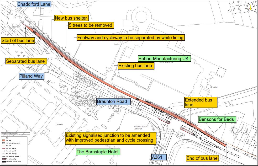 A map showing the bus lane separated at the Braunton Road junction with Pilland Way and A361. At the junction with A361 there is also a crossing proposed for cyclists and pedestrians.