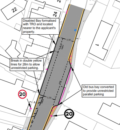 Map of the former bus layby on Chudleigh Road showing proposals to create formal parking with the layby as well as additional parking on the other side of the road.