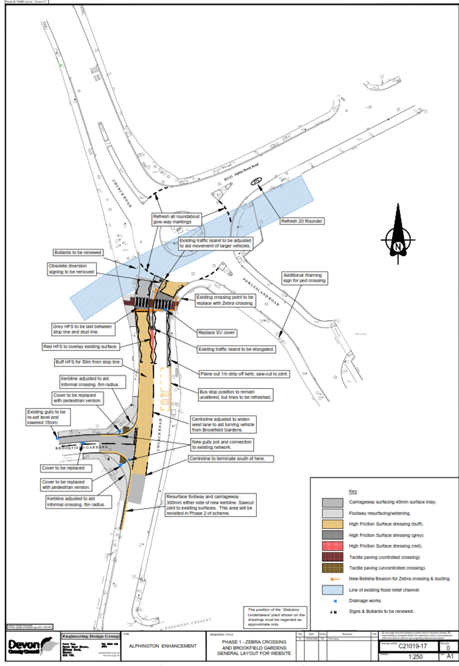 Overview plan of phase 1 works at Alphin Brook roundabout which have been carried out including a new zebra crossing and pavement widening at Brookfield Gardens