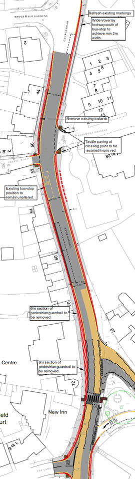 Map of Church Road in Alphington between Brookfield Gardens and Ide Lane showing proposed areas of pavement widening on both the eastern and western sides.