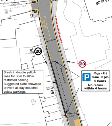 Map of Church Road, south of Chapel Road showing proposal for parking on the western side.