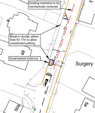 Map of Chudleigh Road, north of Cludens Close showing the proposal for additional parking on the western side.