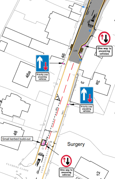 Map of Chudleigh Road, north of Cludens Close showing the proposal for two build outs and give ways.