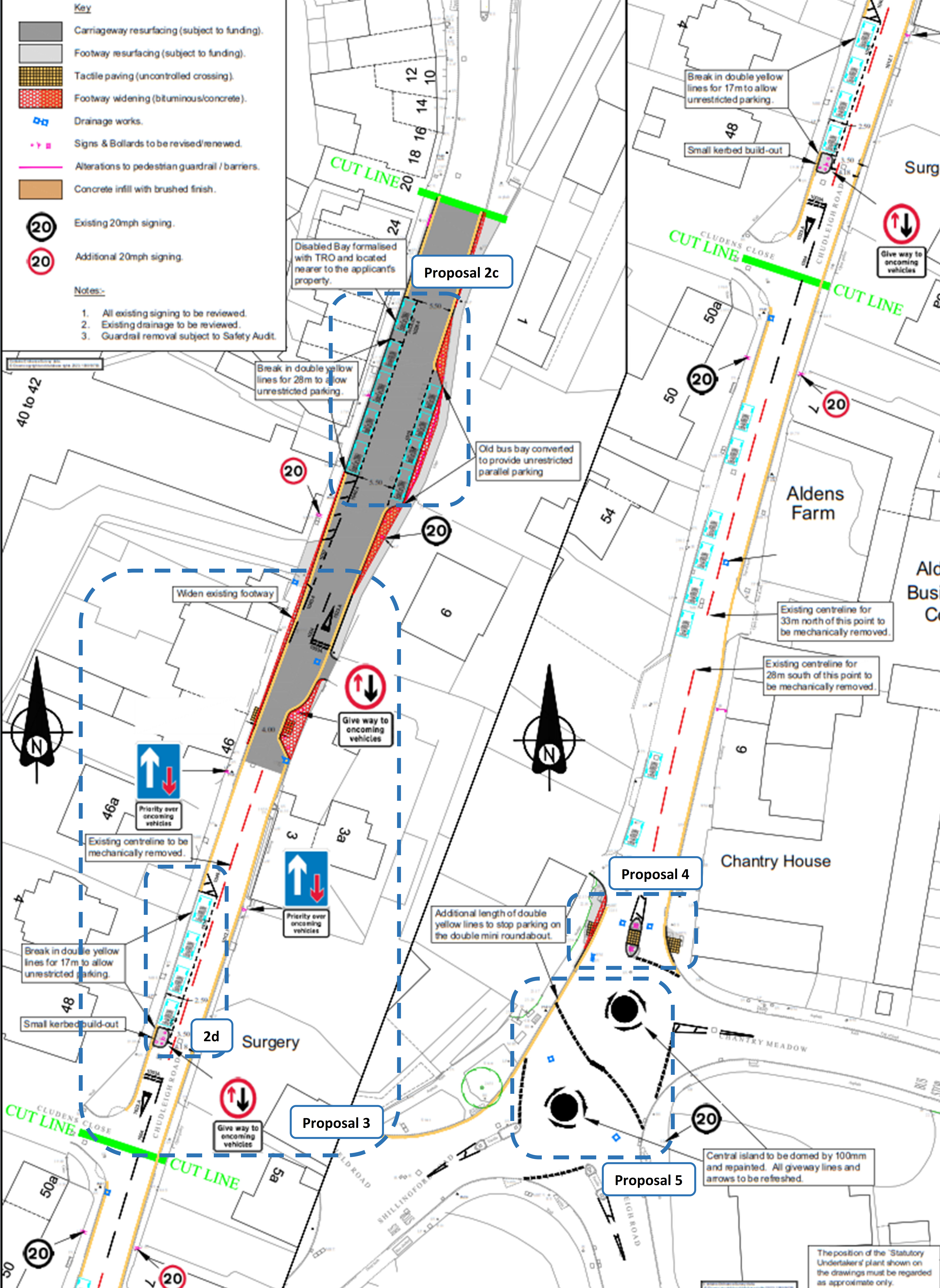 Plans showing proposed works between Ide Lane and the double mini roundabout in Alphington. This includes proposal 2c, 2d, 3, 4 and 5.