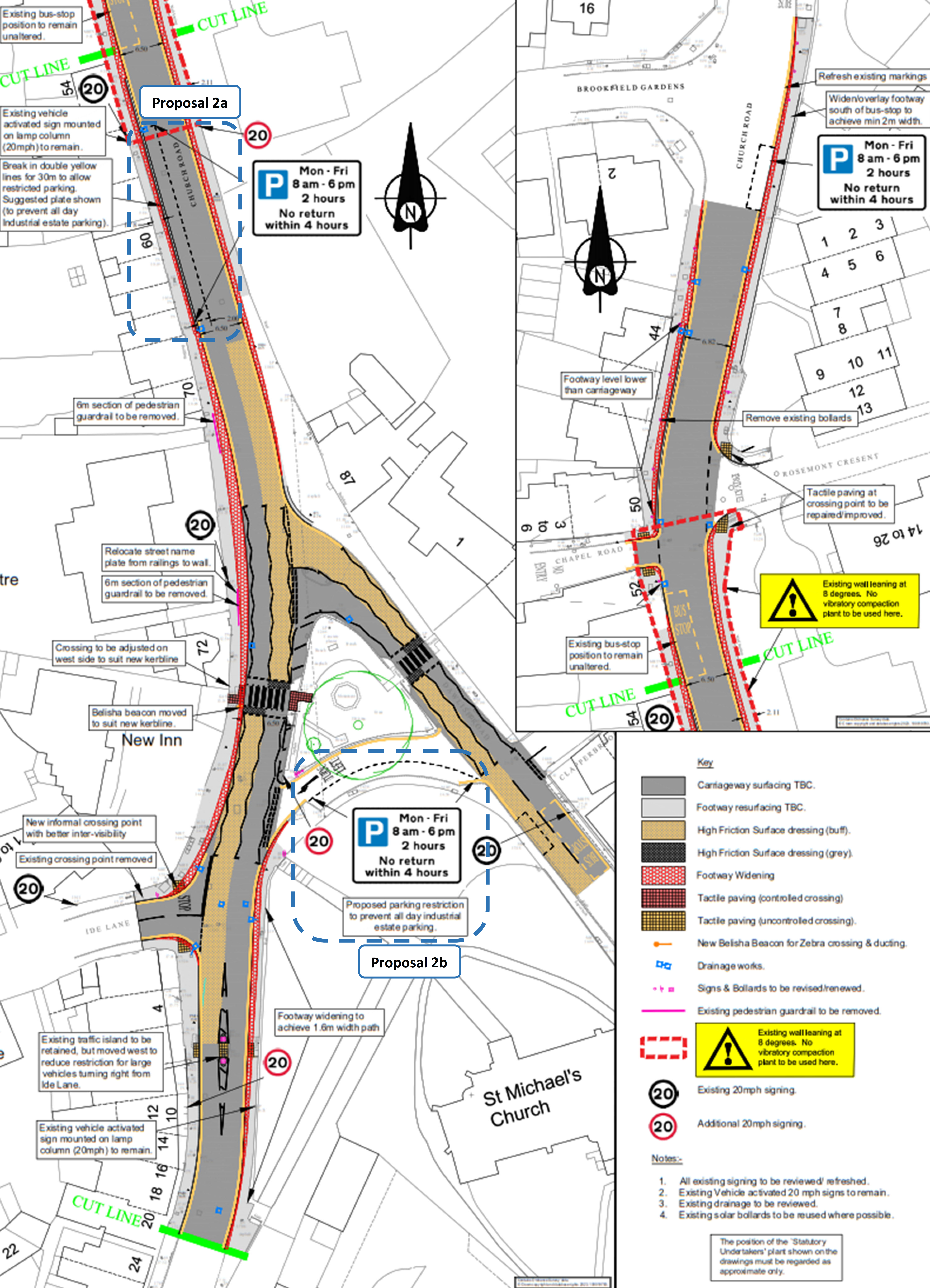 Plans showing proposed works between Brookfield Gardens and just south of Ide Lane, in Alphington. This includes proposals 1, 2a and 2b.