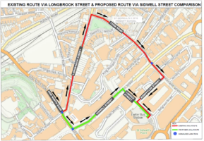 A map showing a comparison between the existing bus route via Longbrook Street and York Road, and the proposed route via Sidwell Street facilitated by the new bus gate.
