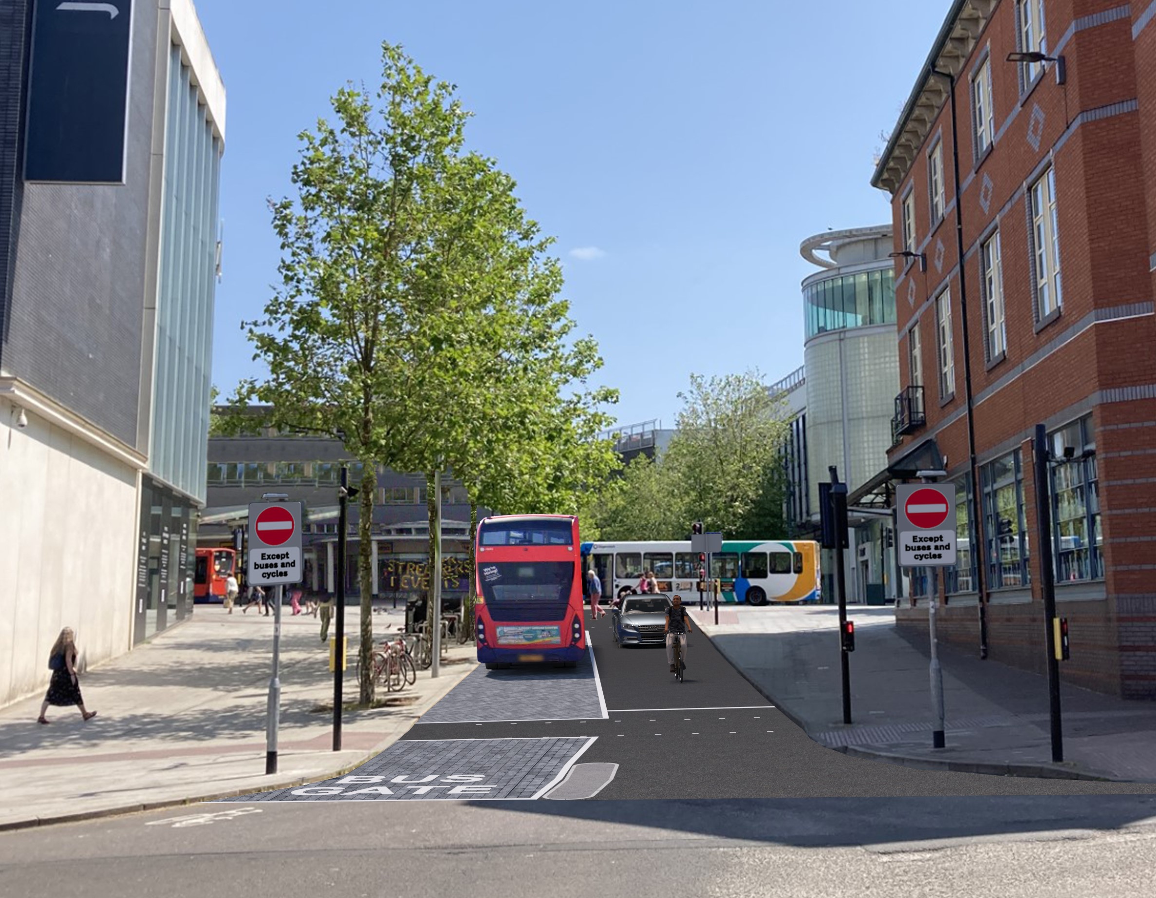 : A visualisation of the proposed New North Road bus gate and bus lane between Waterstones and John Lewis looking towards Paris Street. The image shows the new no entry except buses and cycles signage on either side of the carriageway as well as the new road surface including the block effect imprint on the bus lane. The image shows a double decker bus and passenger car passing side by side with a cyclist in front of the vehicle.
