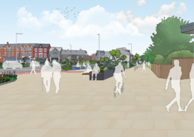 Visualisation of the view of the widened shared use path from Exmouth railway station. 