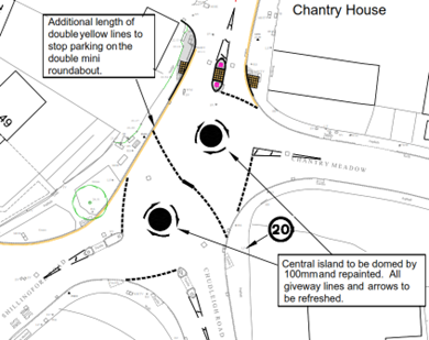 Map of the double mini roundabout in Alphington showing the proposal to increase the size of the pedestrian crossing island and increase the height of the roundabout markings.